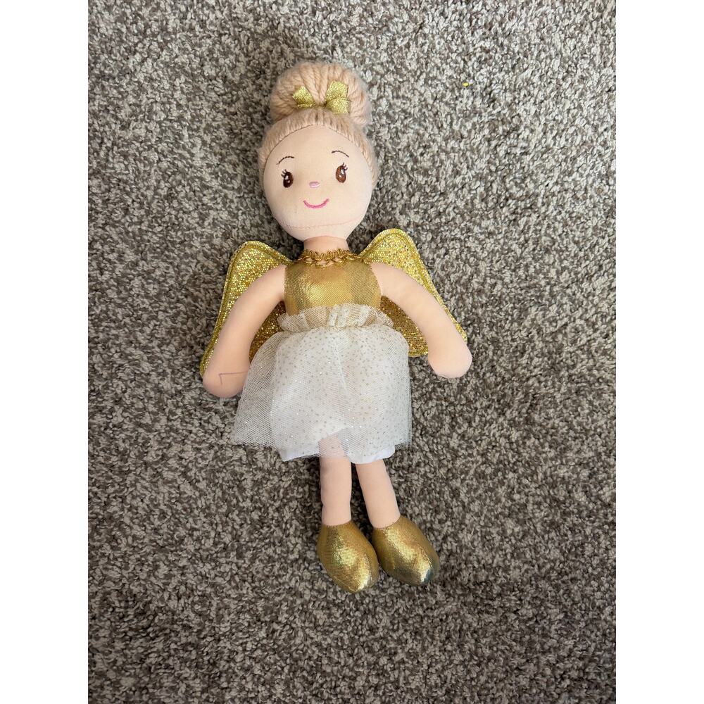 Stephan Baby Gold Angel Plush Doll 13.75” Glitter Tulle Skirt Wings Blonde Bun